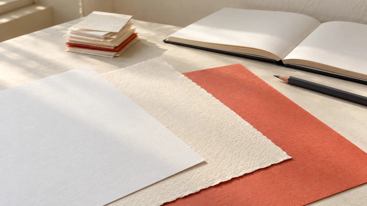 Feuilles de textures différentes, chutes de papier et carnet sans texte disposés sur une table d’atelier.