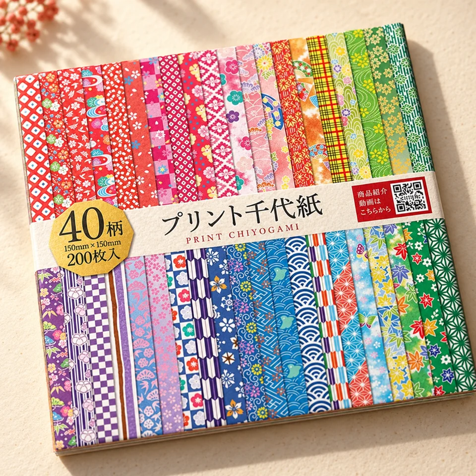 Aitoh — coffret Chiyogami de quarante motifs de Aitoh, mise en situation dans un atelier de papier écru et corail