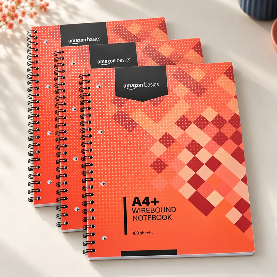 Amazon Basics — trois cahiers A4+ rouges de Amazon Basics, mise en situation dans un atelier de papier écru et corail