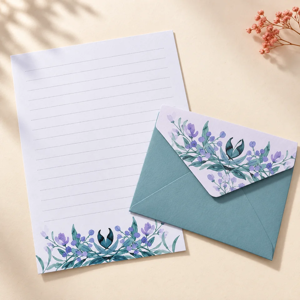BBLIKE — correspondance florale en six styles de BBLIKE, mise en situation dans un atelier de papier écru et corail