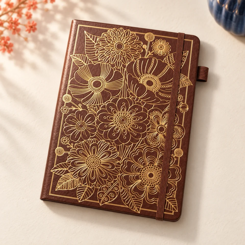 BIROYAL — carnet pointillé de 256 pages de BIROYAL, mise en situation dans un atelier de papier écru et corail