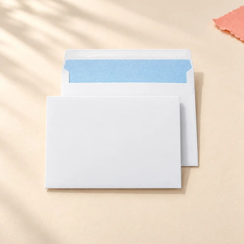 Blake — 500 enveloppes C5 autocollantes de Blake, mise en situation dans un atelier de papier écru et corail