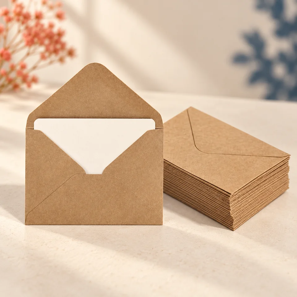 CAINCAY — mini-cartes et enveloppes kraft de CAINCAY, mise en situation dans un atelier de papier écru et corail