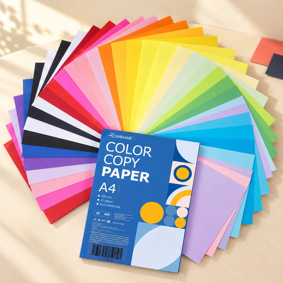 Carehabi — papier couleur A4 de 80 g de Carehabi, mise en situation dans un atelier de papier écru et corail
