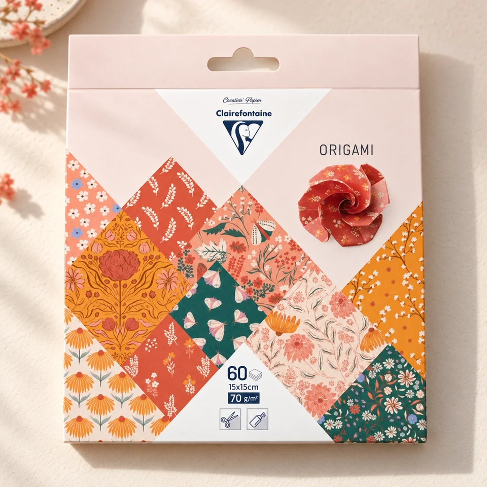 Clairefontaine — origami Boho Floral de Clairefontaine, mise en situation dans un atelier de papier écru et corail