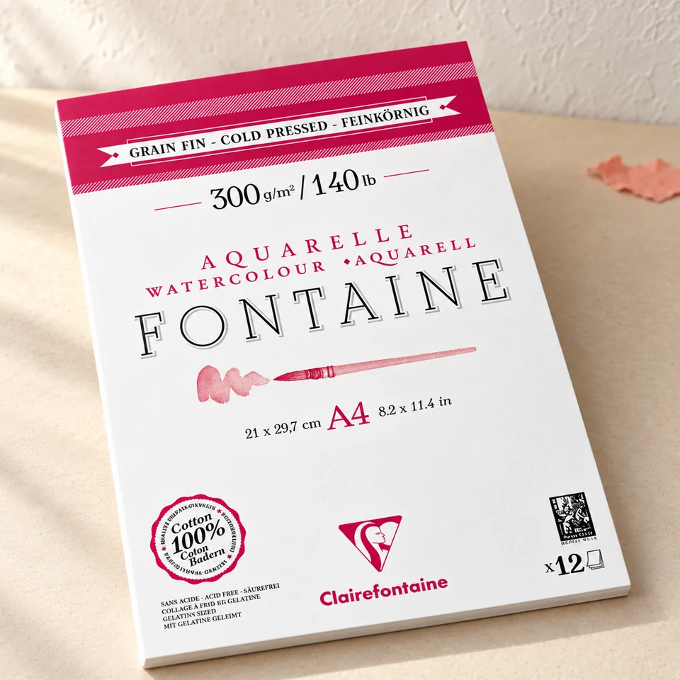 Clairefontaine — Fontaine A4 collé sur deux côtés de Clairefontaine, mise en situation dans un atelier de papier écru et corail
