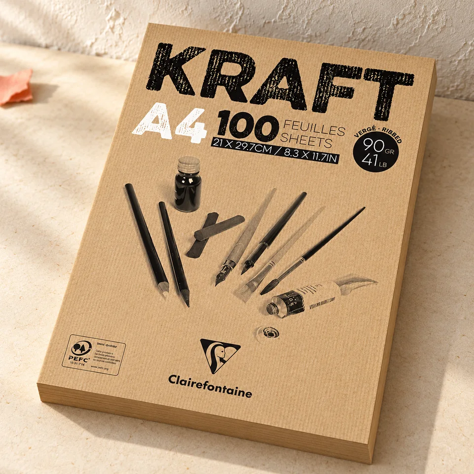 Clairefontaine — kraft vergé brun A4 de Clairefontaine, mise en situation dans un atelier de papier écru et corail