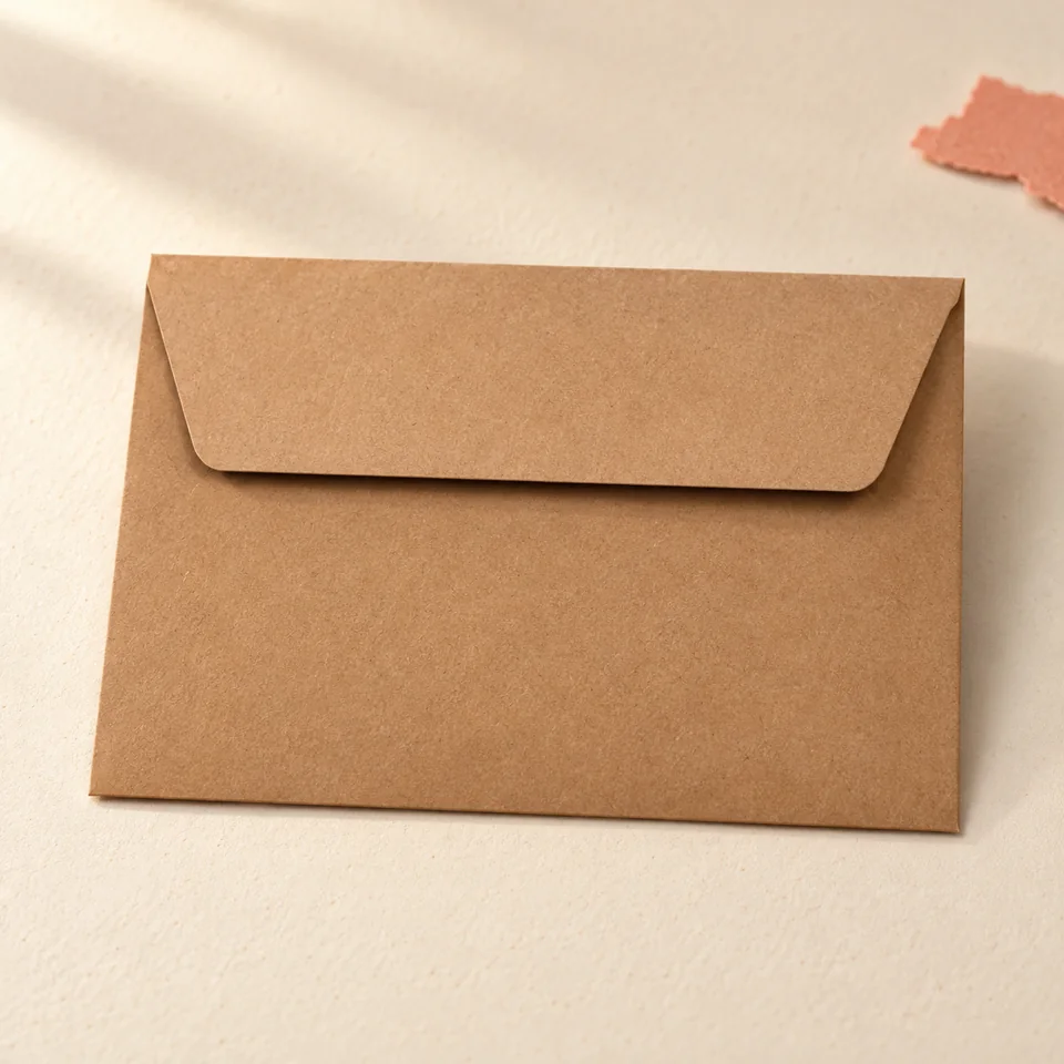 Clairefontaine — 20 enveloppes Pollen kraft C6 de Clairefontaine, mise en situation dans un atelier de papier écru et corail