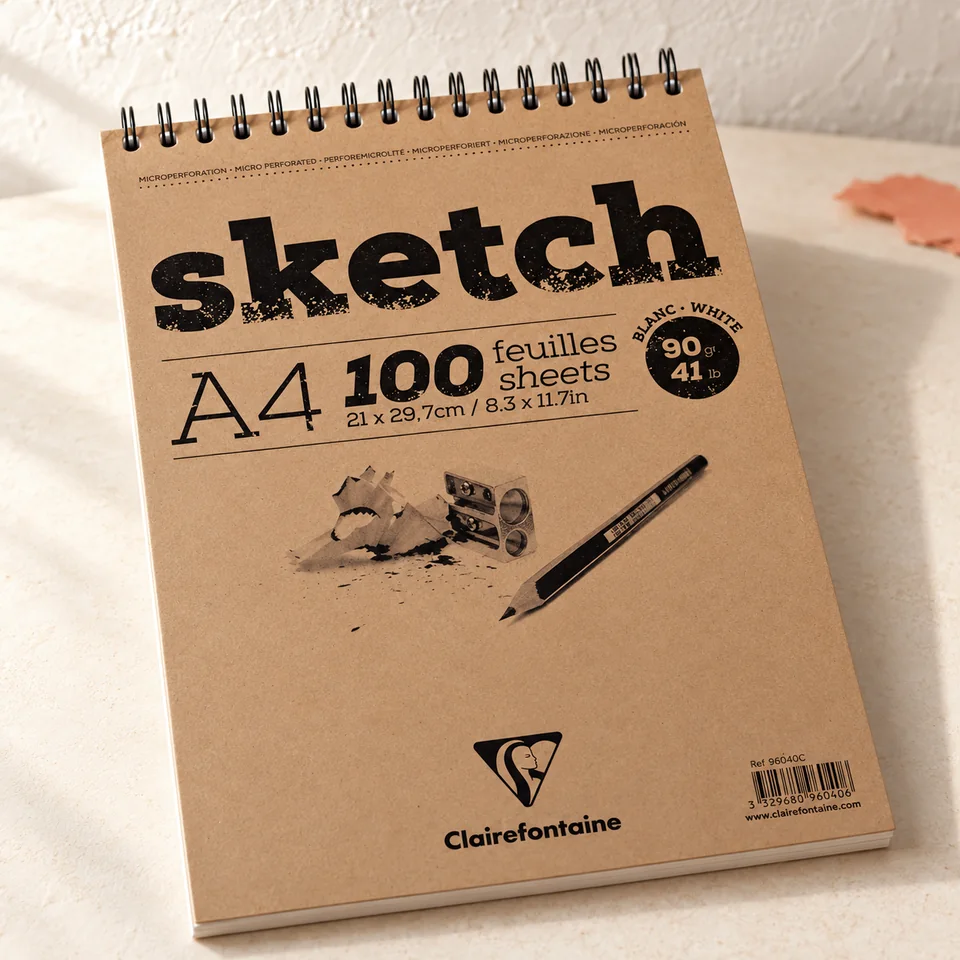 Clairefontaine — Sketch A4 à spirale de Clairefontaine, mise en situation dans un atelier de papier écru et corail