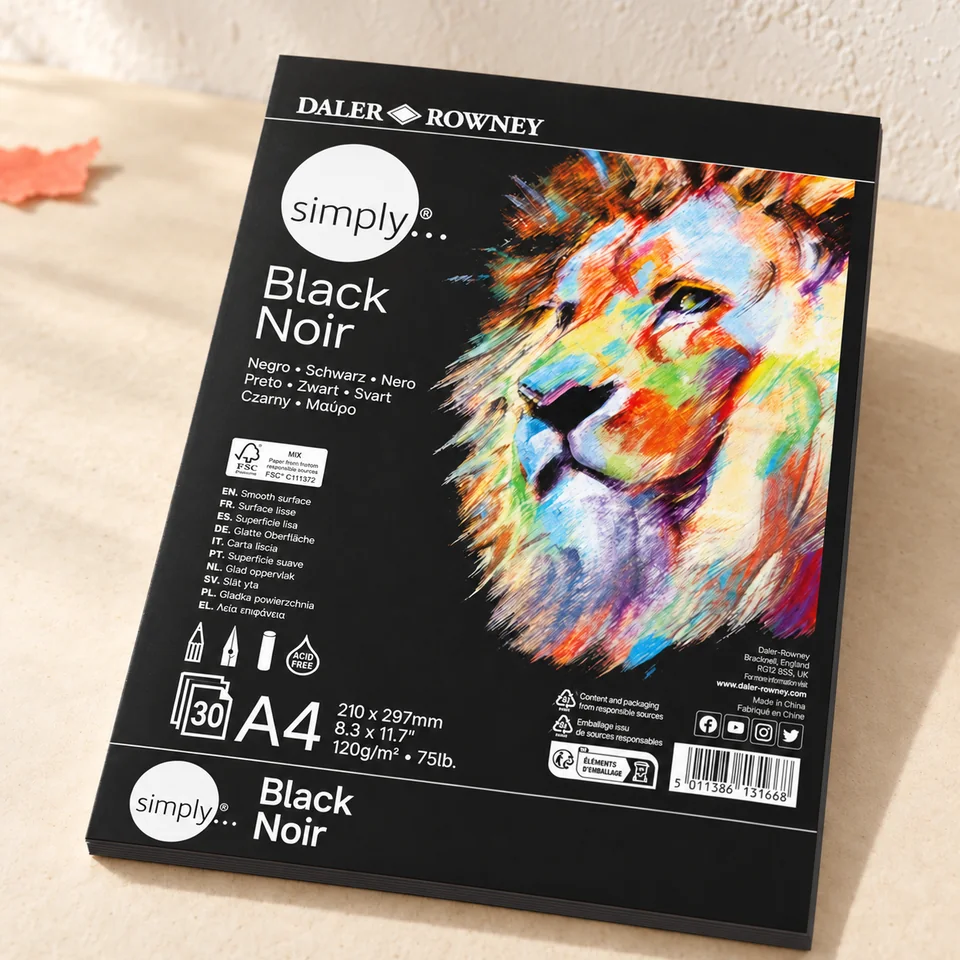 Daler Rowney — Simply noir A4 de Daler Rowney, mise en situation dans un atelier de papier écru et corail