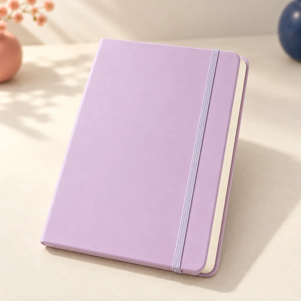 GDMLUP — carnet pointillé A5 de 120 g/m² de GDMLUP, mise en situation dans un atelier de papier écru et corail