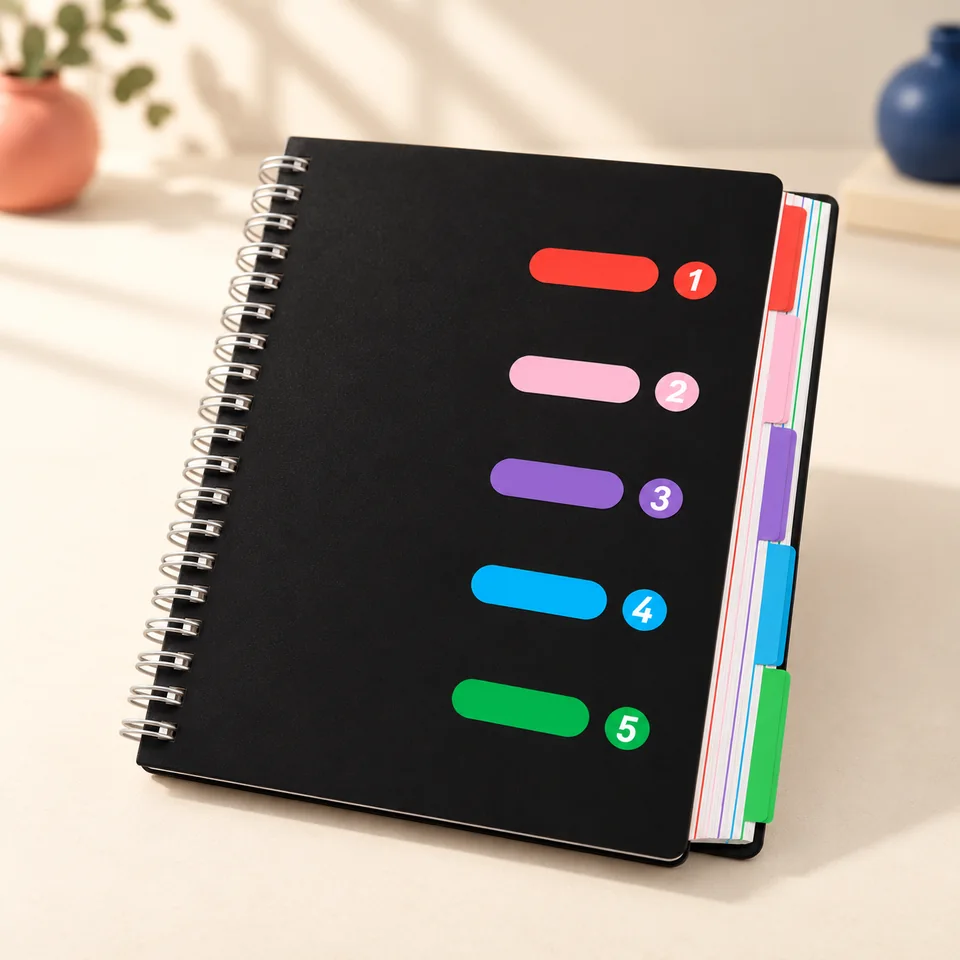 HAKACC — cahier noir A4 à cinq onglets de HAKACC, mise en situation dans un atelier de papier écru et corail