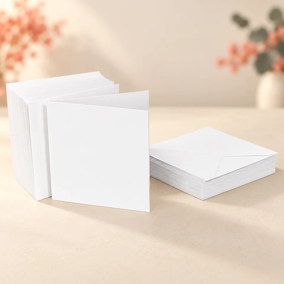 Ideen mit Herz — cartes carrées de 14,5 cm de ideen mit herz, mise en situation dans un atelier de papier écru et corail
