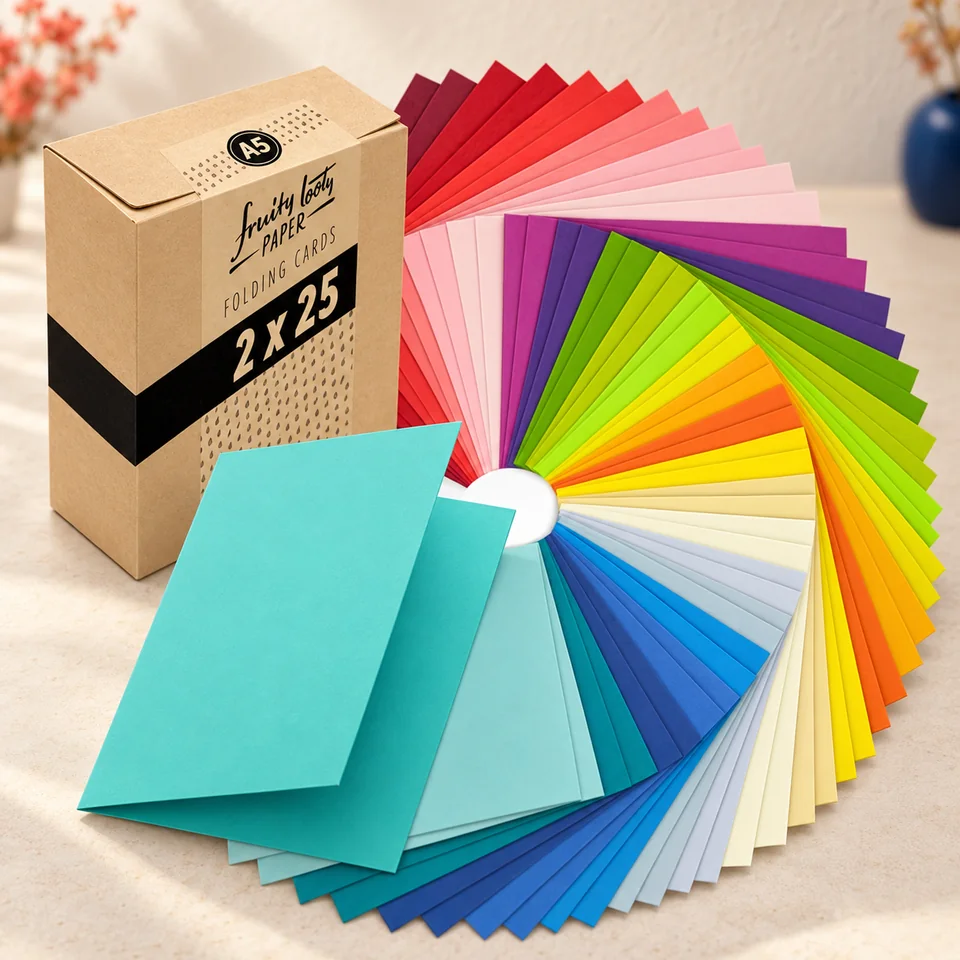 Japun — cartes doubles A5 en vingt-cinq couleurs de Japun, mise en situation dans un atelier de papier écru et corail