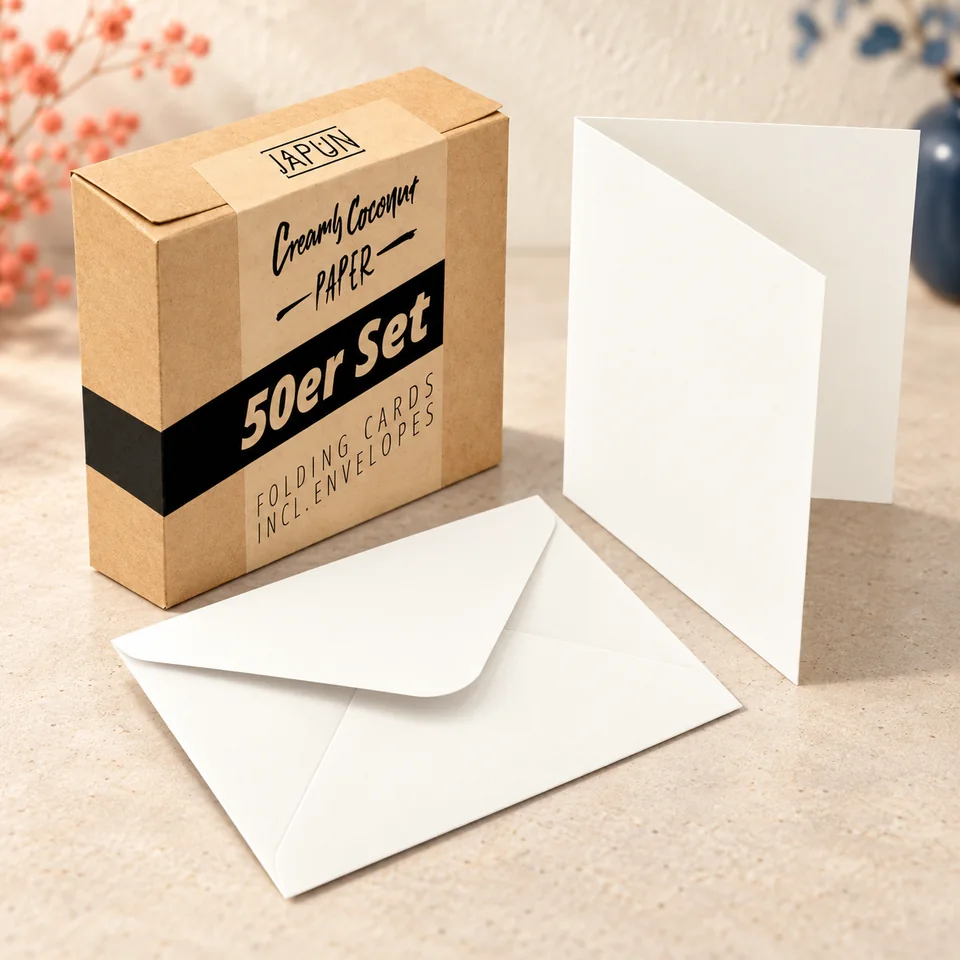 Japun — cartes doubles A6 blanches de Japun, mise en situation dans un atelier de papier écru et corail