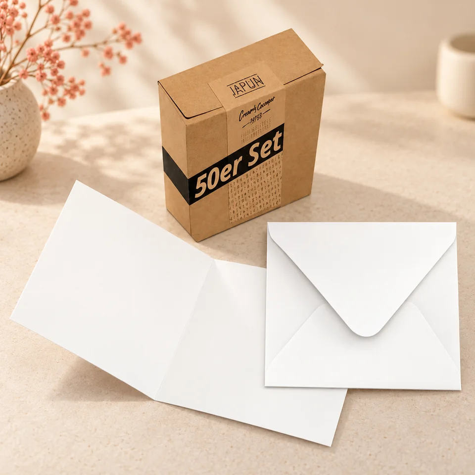 Japun — 50 cartes pliantes carrées de 14,5 cm de Japun, mise en situation dans un atelier de papier écru et corail