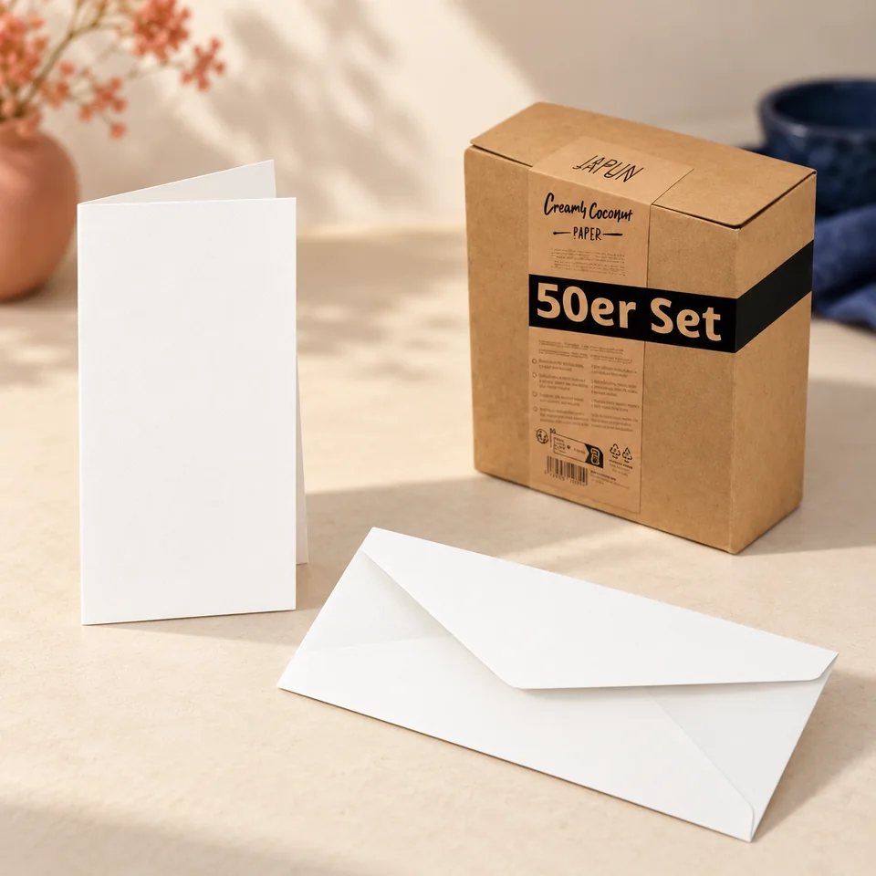 Japun — cartes doubles blanches pour enveloppes DL de Japun, mise en situation dans un atelier de papier écru et corail