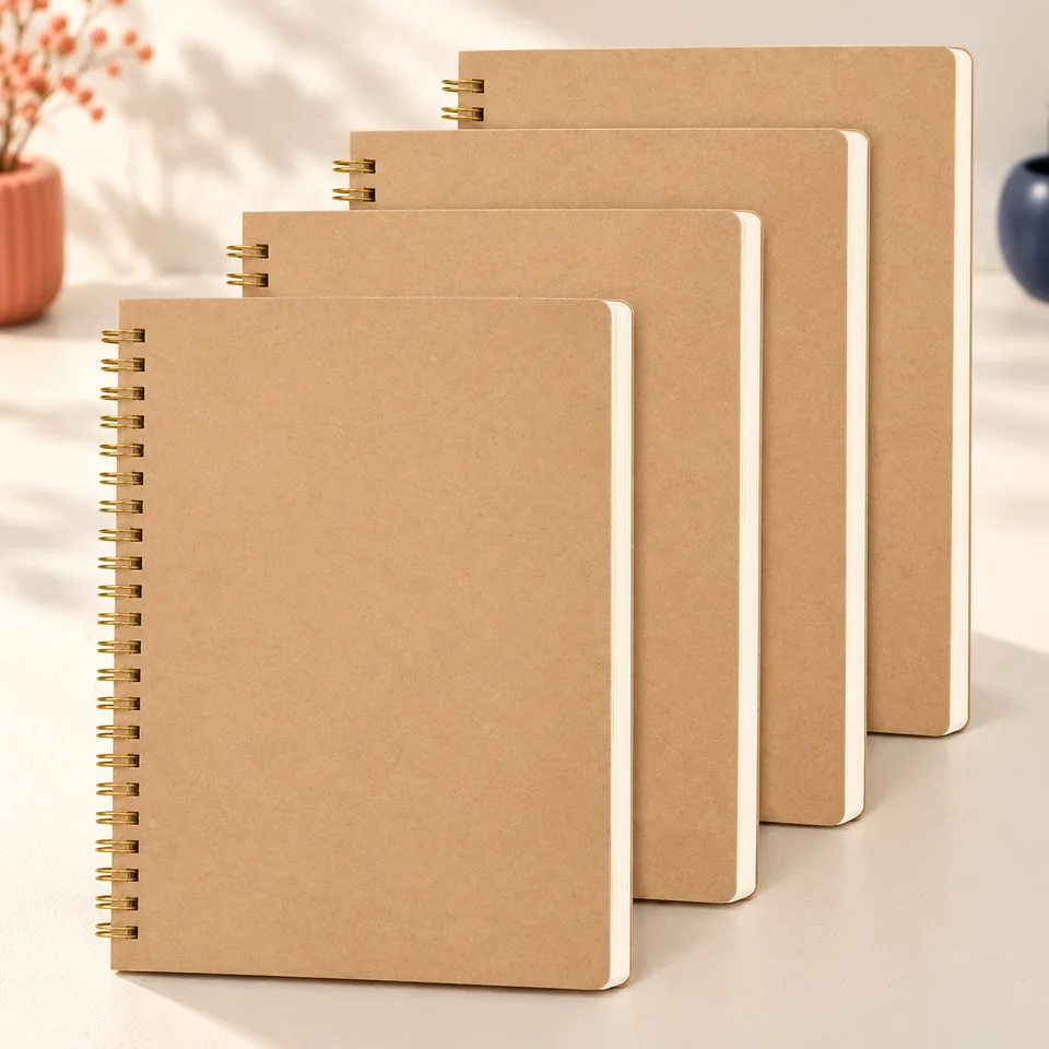 JSQJ — quatre carnets kraft pointillés à spirale de JSQJ, mise en situation dans un atelier de papier écru et corail