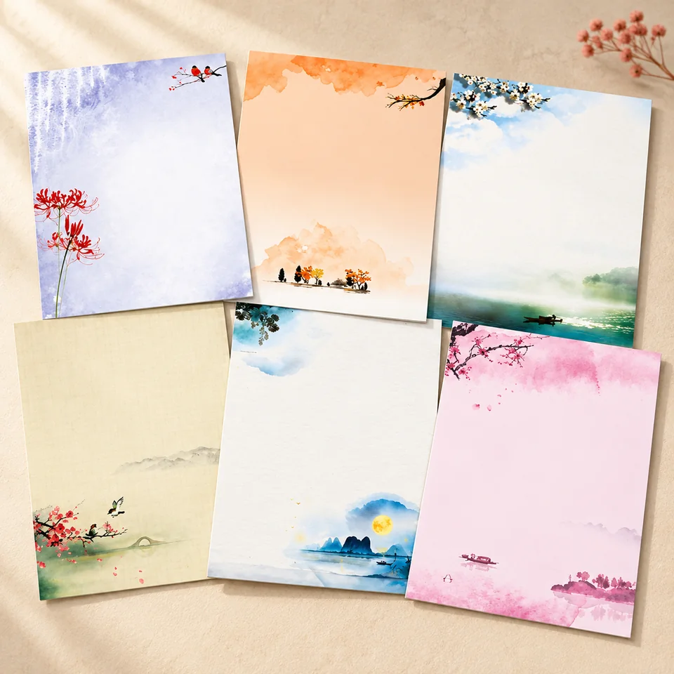KiDEPOCH — correspondance en six décors japonais de KiDEPOCH, mise en situation dans un atelier de papier écru et corail