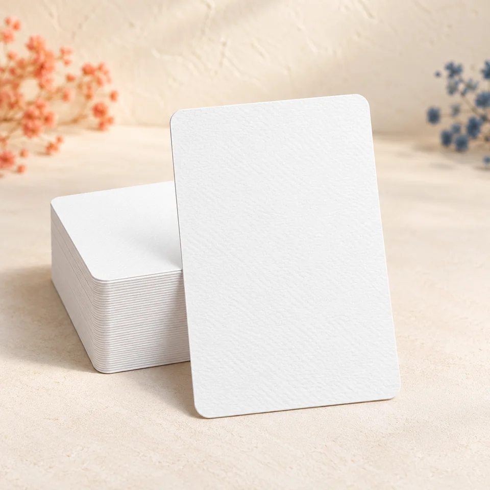 Kitnelw — 50 cartes aquarelle de 10 × 15 cm de Kitnelw, mise en situation dans un atelier de papier écru et corail