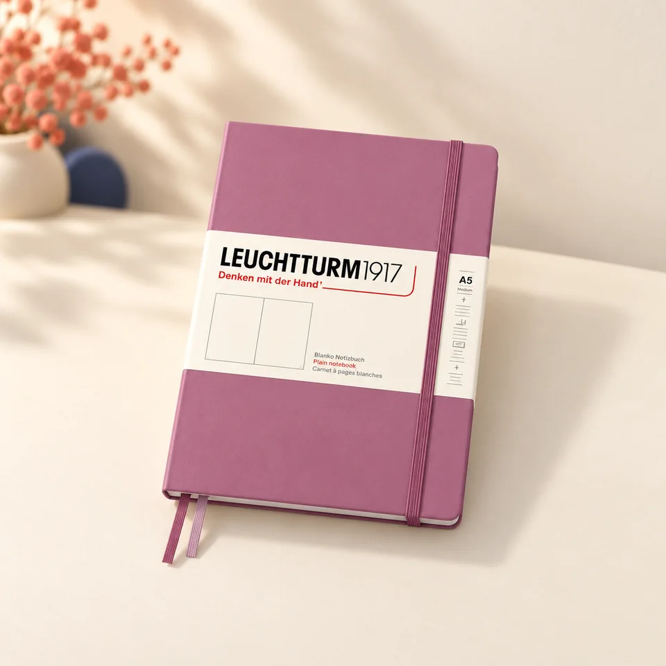 LEUCHTTURM1917 — carnet rigide Dusty Rose de 251 pages de LEUCHTTURM1917, mise en situation dans un atelier de papier écru et corail