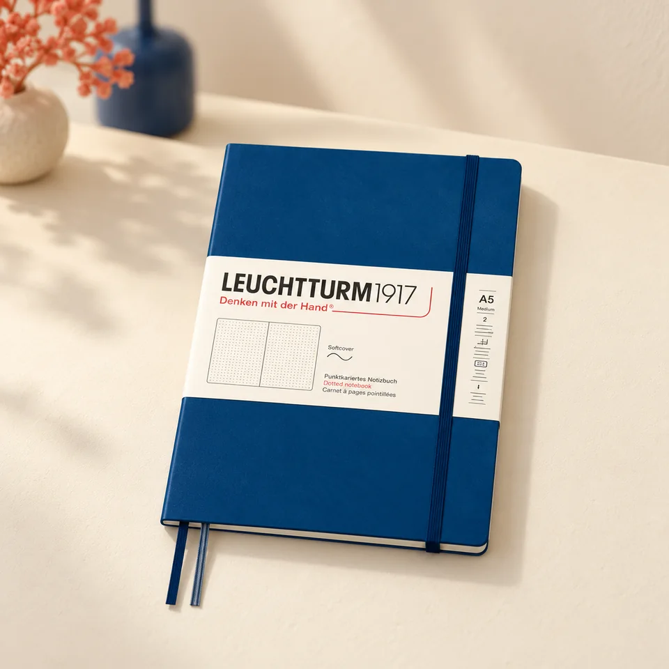 LEUCHTTURM1917 — carnet souple Indigo pointillé de LEUCHTTURM1917, mise en situation dans un atelier de papier écru et corail