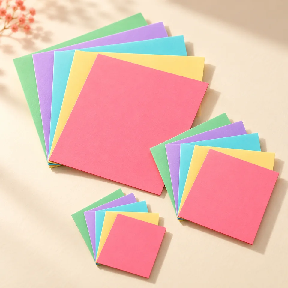 Luxoraiova — origami en trois formats de Luxoraiova, mise en situation dans un atelier de papier écru et corail