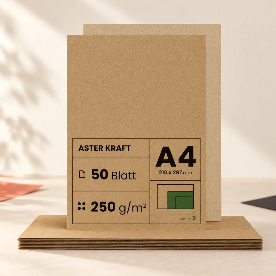 Netuno — Aster Kraft A4 de 250 g de Netuno, mise en situation dans un atelier de papier écru et corail