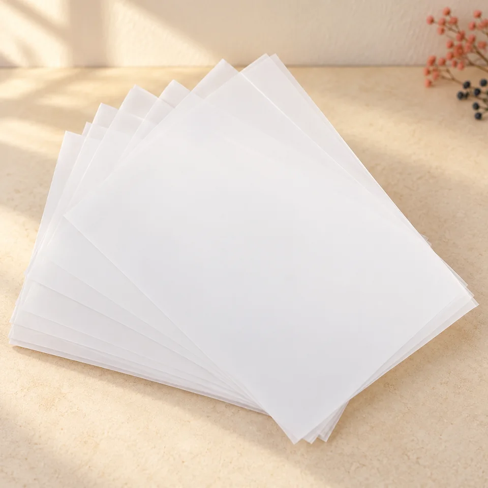 Netuno — calque A4 de 160 g de Netuno, mise en situation dans un atelier de papier écru et corail