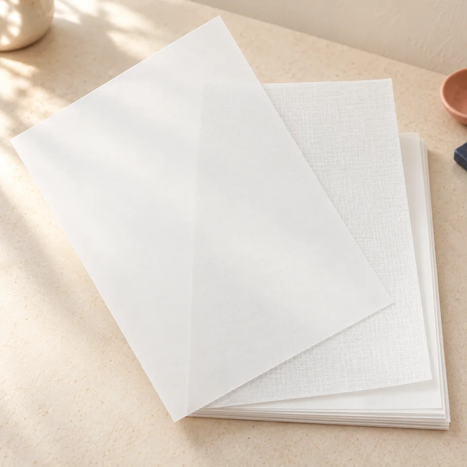 Netuno — Kristall Prago blanc motif toile de Netuno, mise en situation dans un atelier de papier écru et corail