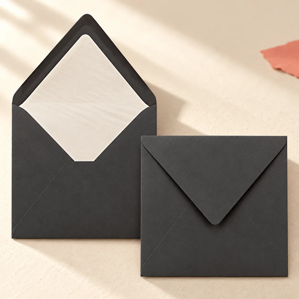 Gustav Neuser — 50 enveloppes carrées graphite de FarbenFroh by GUSTAV NEUSER, mise en situation dans un atelier de papier écru et corail
