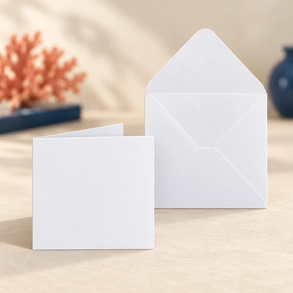 Neuser — 25 cartes pliantes carrées de 13,5 cm de NEUSER PAPIER, mise en situation dans un atelier de papier écru et corail