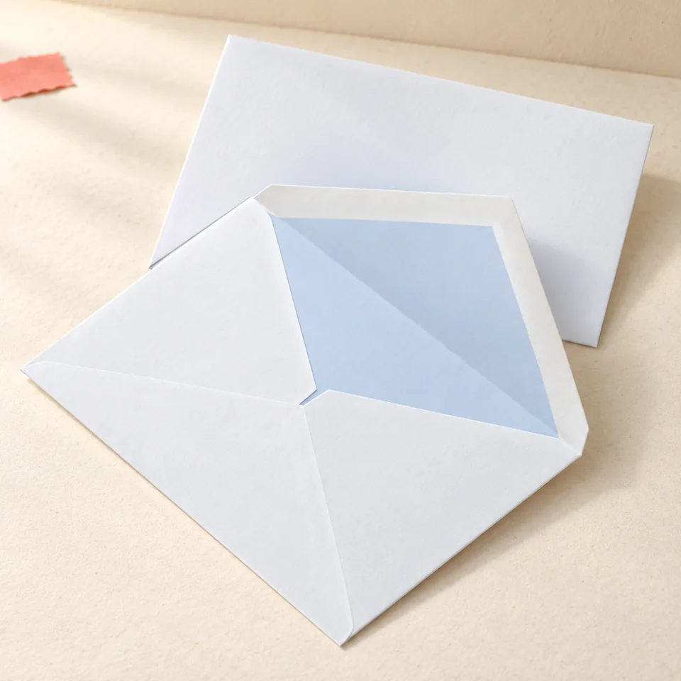 OFFICE PRODUCTS — 50 enveloppes C6 blanches de OFFICER PRODUCTS, mise en situation dans un atelier de papier écru et corail