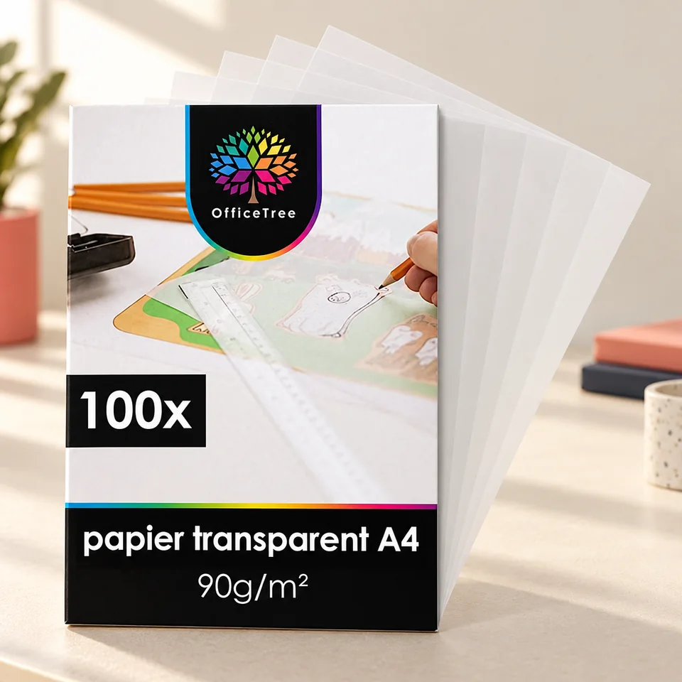 OfficeTree — calque A4 de 90 g de OfficeTree, mise en situation dans un atelier de papier écru et corail