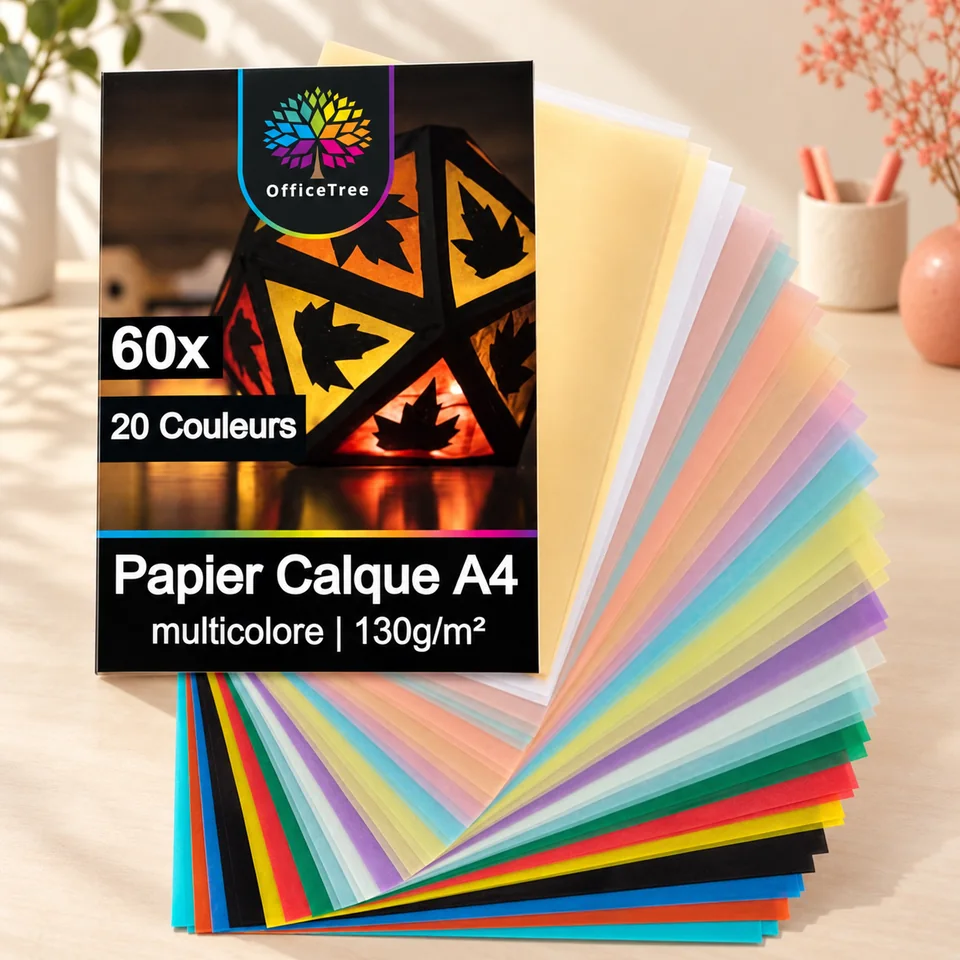 OfficeTree — calque couleur A4 de 130 g de OfficeTree, mise en situation dans un atelier de papier écru et corail