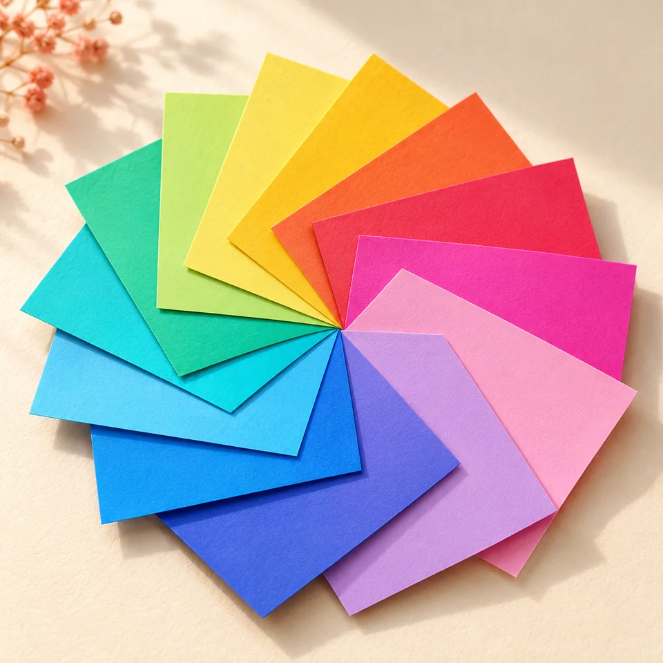 Opret — grands carrés en cinquante couleurs de Opret, mise en situation dans un atelier de papier écru et corail