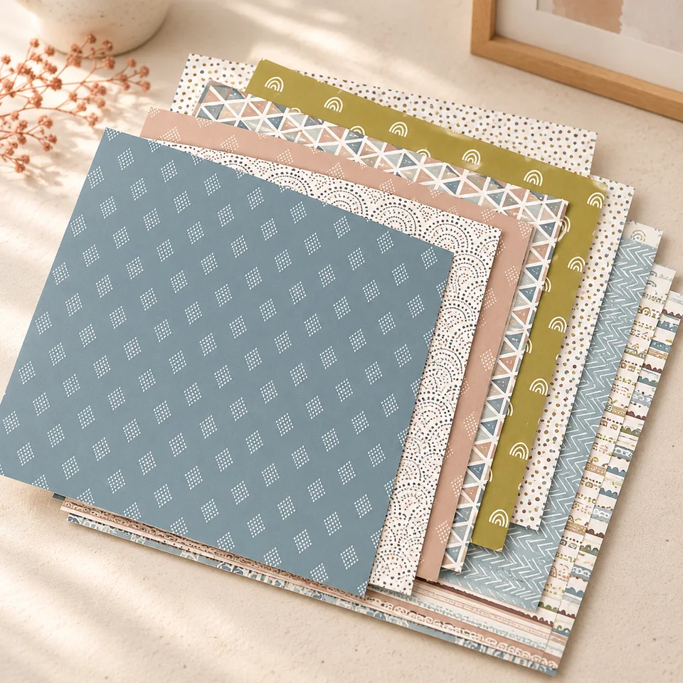 Oriental riverkit — papiers décoratifs de 30,5 cm de Oriental riverkit, mise en situation dans un atelier de papier écru et corail
