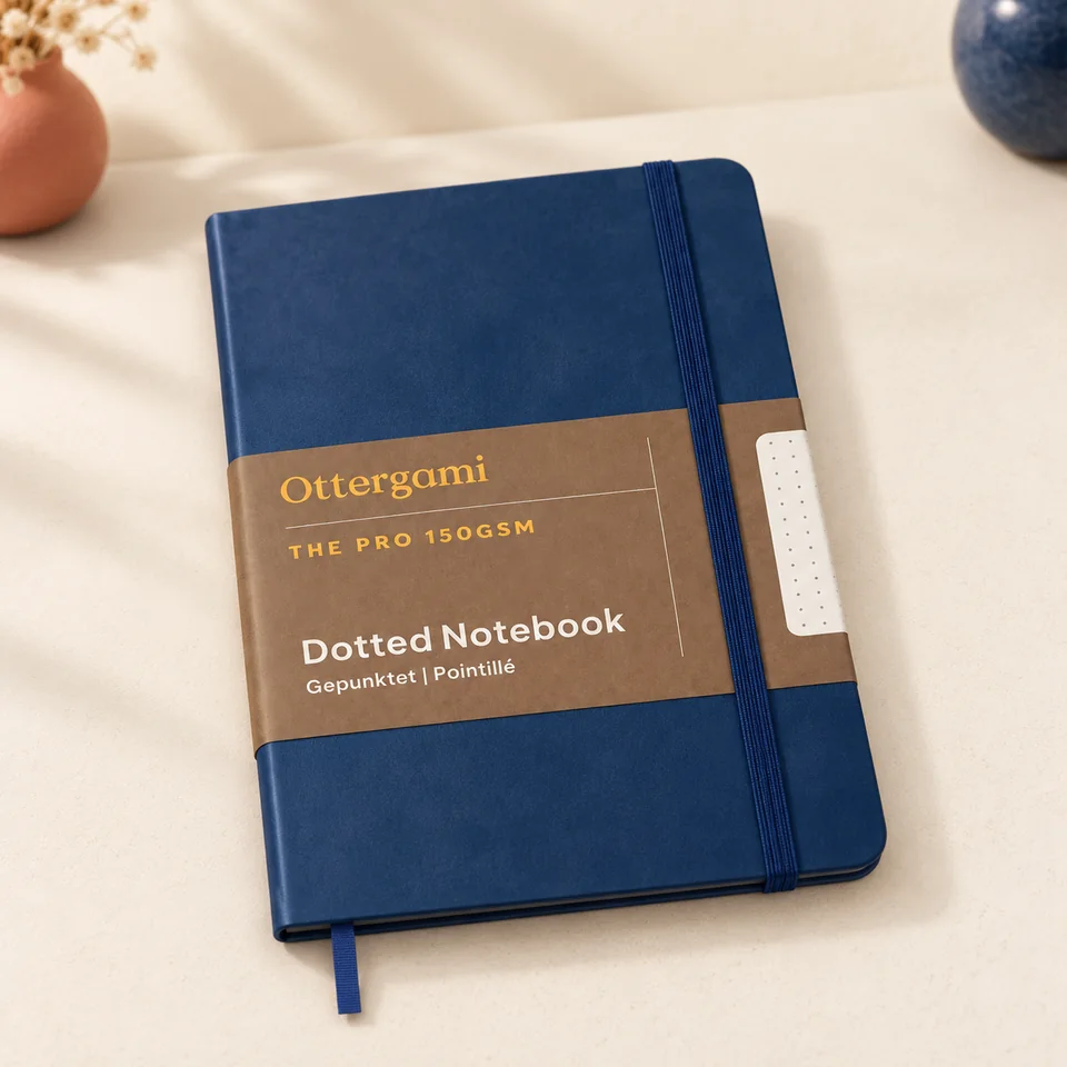 Ottergami — The Pro pointillé bleu marine de Ottergami, mise en situation dans un atelier de papier écru et corail