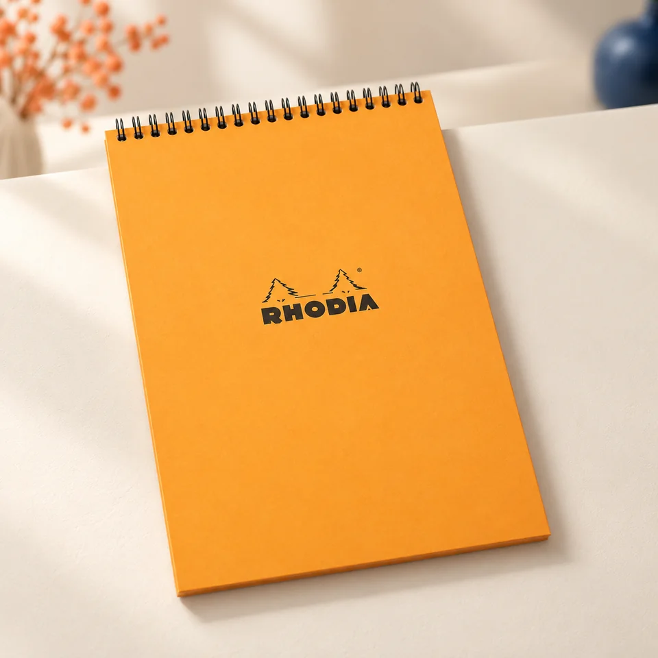 Rhodia — bloc orange A4 à petits carreaux de Rhodia, mise en situation dans un atelier de papier écru et corail