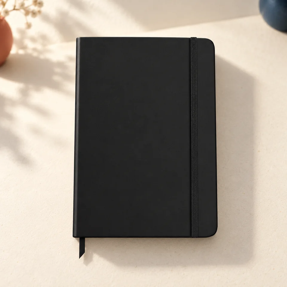 Rileys — carnet noir de 240 pages lignées de Rileys & Co, mise en situation dans un atelier de papier écru et corail