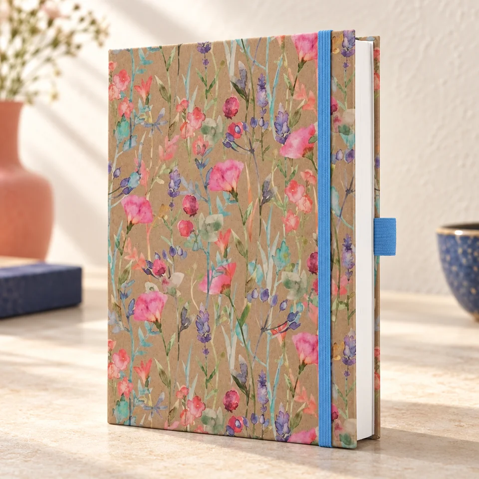 Sigel — Jolie kraft à 192 pages lignées de Sigel, mise en situation dans un atelier de papier écru et corail