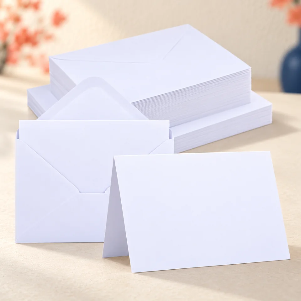 Siumir — cartes A6 de 250 g avec enveloppes de Siumir, mise en situation dans un atelier de papier écru et corail
