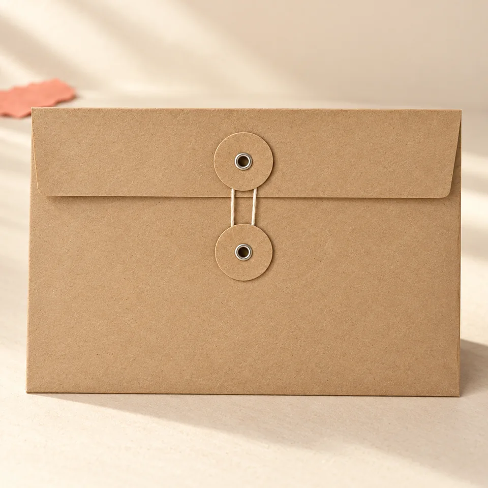 Smatime — 10 petites pochettes kraft à ficelle de smatime, mise en situation dans un atelier de papier écru et corail
