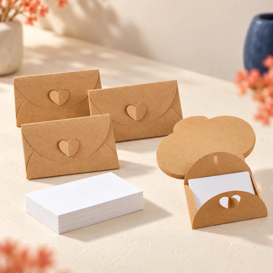 Soitzhoc — mini-cartes et enveloppes kraft à cœur de soitzhoc, mise en situation dans un atelier de papier écru et corail