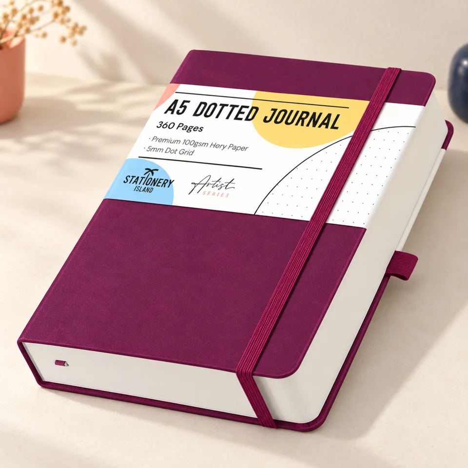 Stationery Island — carnet pointillé de 360 pages de STATIONERY ISLAND, mise en situation dans un atelier de papier écru et corail