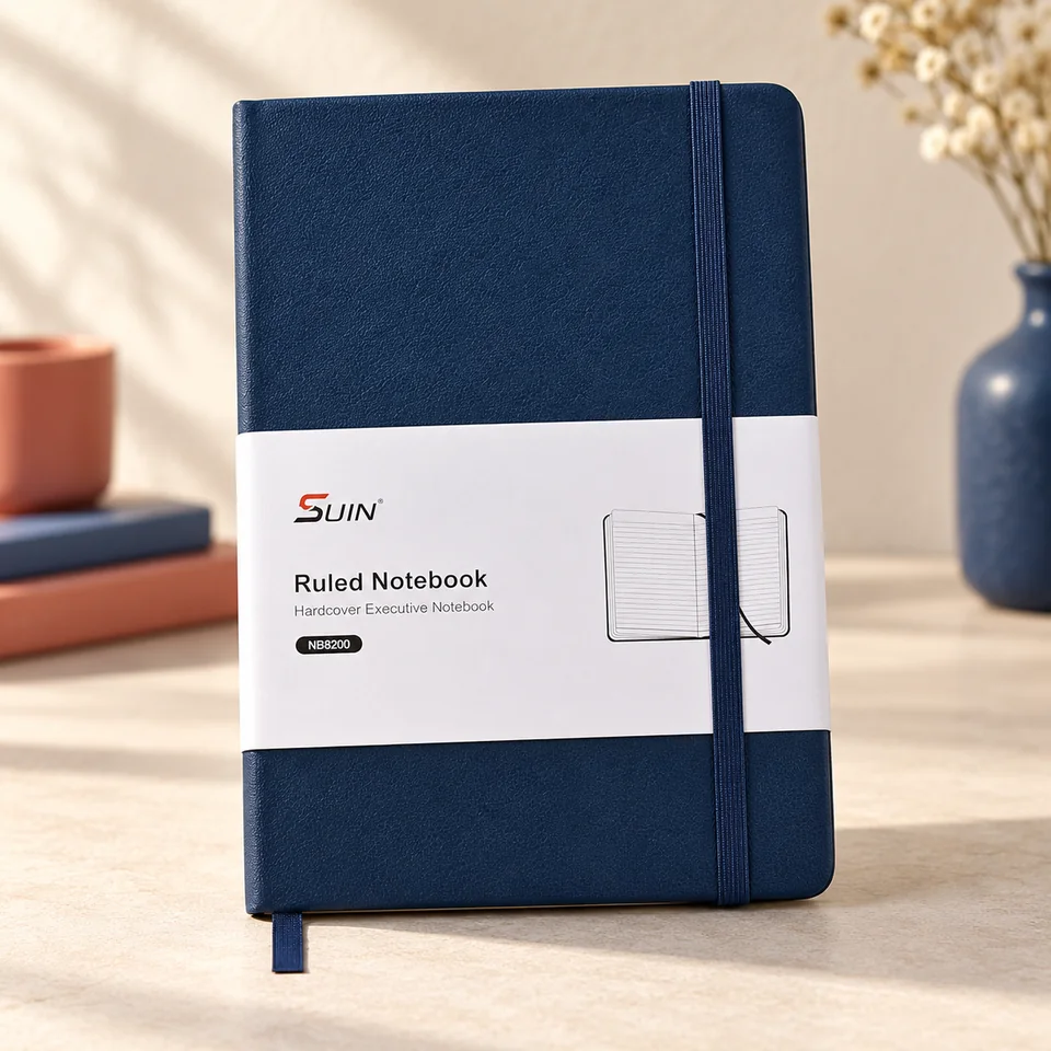 SUIN — carnet A5 ligné à couverture rigide de SUIN, mise en situation dans un atelier de papier écru et corail