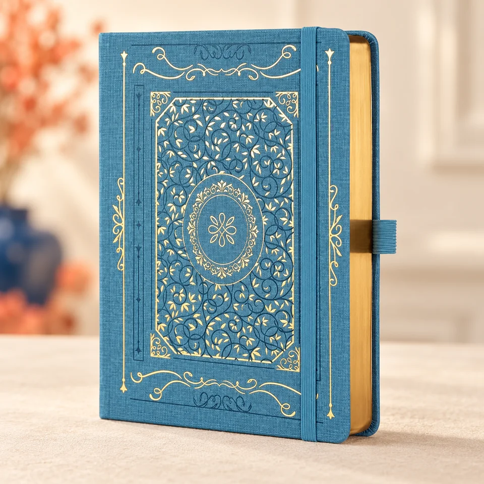 TIEFOSSI — carnet B5 de 230 pages numérotées de TIEFOSSI, mise en situation dans un atelier de papier écru et corail