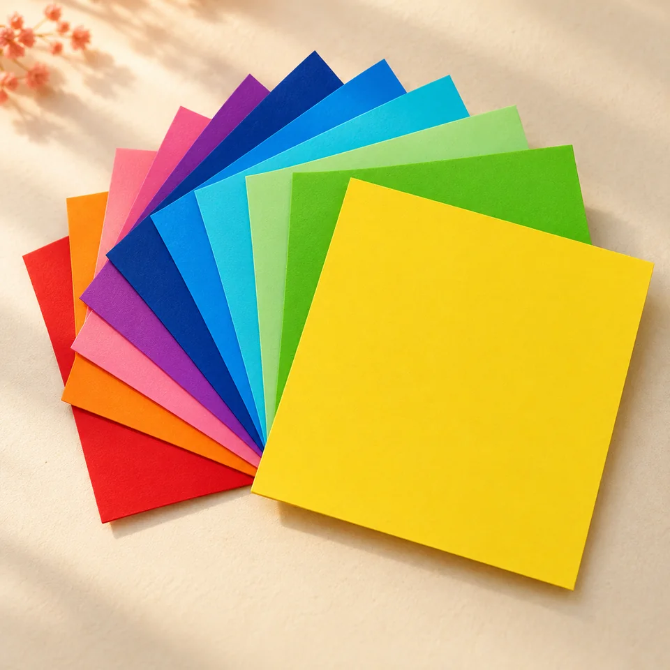 TYOREW — carrés de 15 cm en vingt couleurs de TYOREW, mise en situation dans un atelier de papier écru et corail