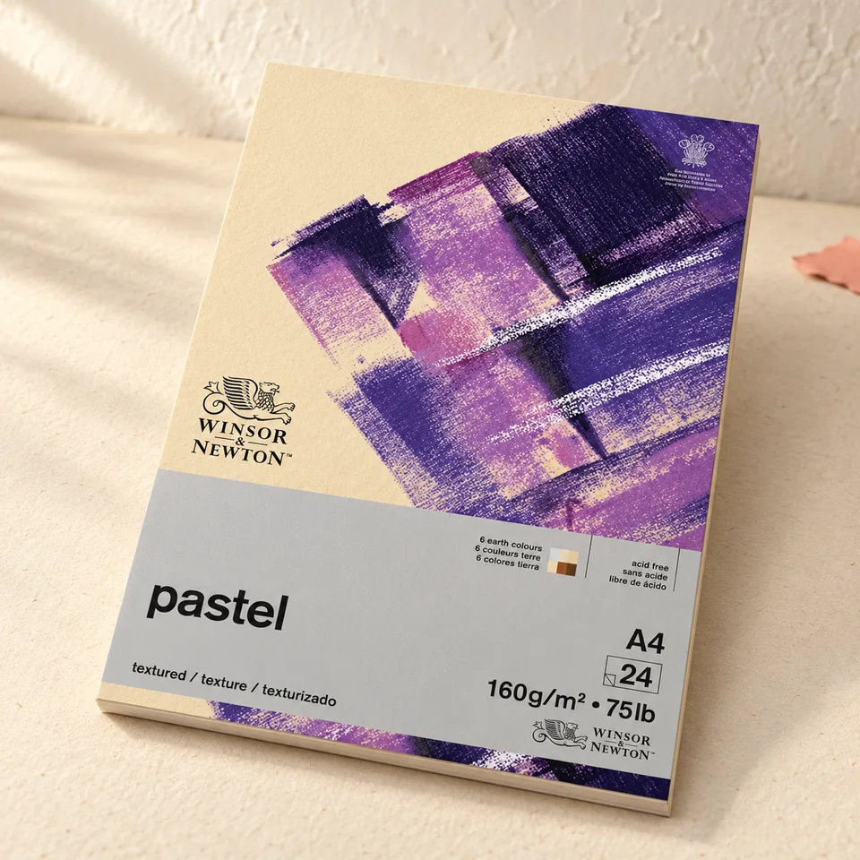 Winsor & Newton — pastel en six couleurs terre de Winsor & Newton, mise en situation dans un atelier de papier écru et corail