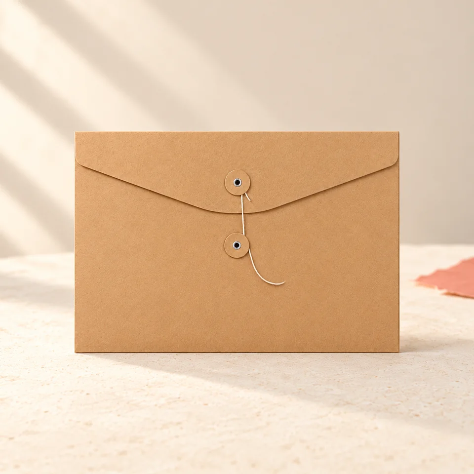 Wuuooei — 16 pochettes kraft pour documents A4 de Wuuooei, mise en situation dans un atelier de papier écru et corail